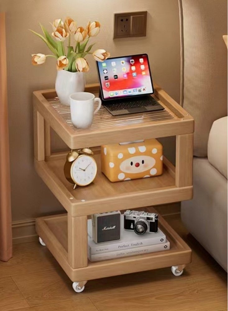 Kutis 3-Tier Bedside Table Simple Modern Bedroom Nightstands Wooden Bedside Storage Small Cabinet with Wheels Rubber Wood 40x40x58 cm  - Image 2