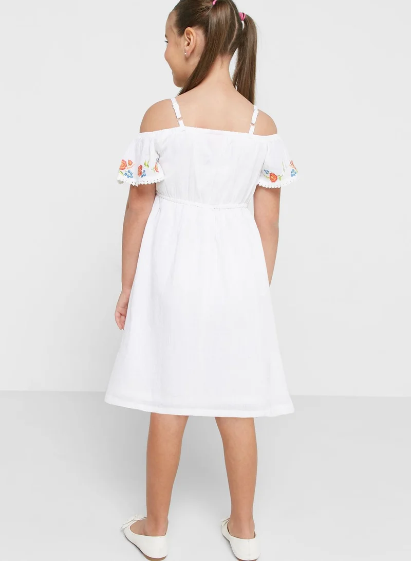 Nautinati Nauti Nati Girls Floral Embroidered Tie-Up Detail Gathered Pure Cotton A-Line Dress
