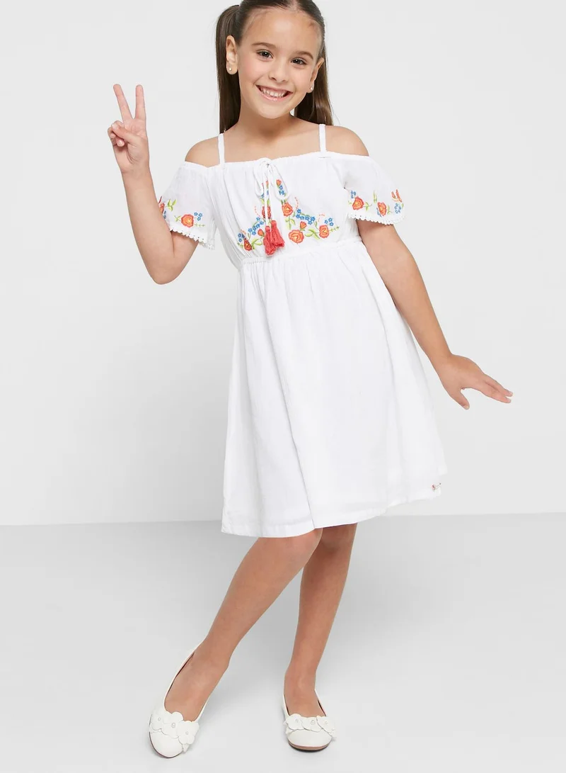 Nautinati Nauti Nati Girls Floral Embroidered Tie-Up Detail Gathered Pure Cotton A-Line Dress