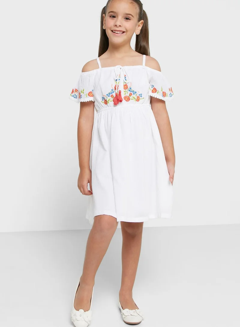 Nautinati Nauti Nati Girls Floral Embroidered Tie-Up Detail Gathered Pure Cotton A-Line Dress