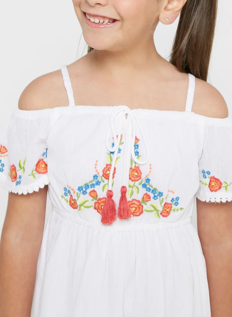Nautinati Nauti Nati Girls Floral Embroidered Tie-Up Detail Gathered Pure Cotton A-Line Dress