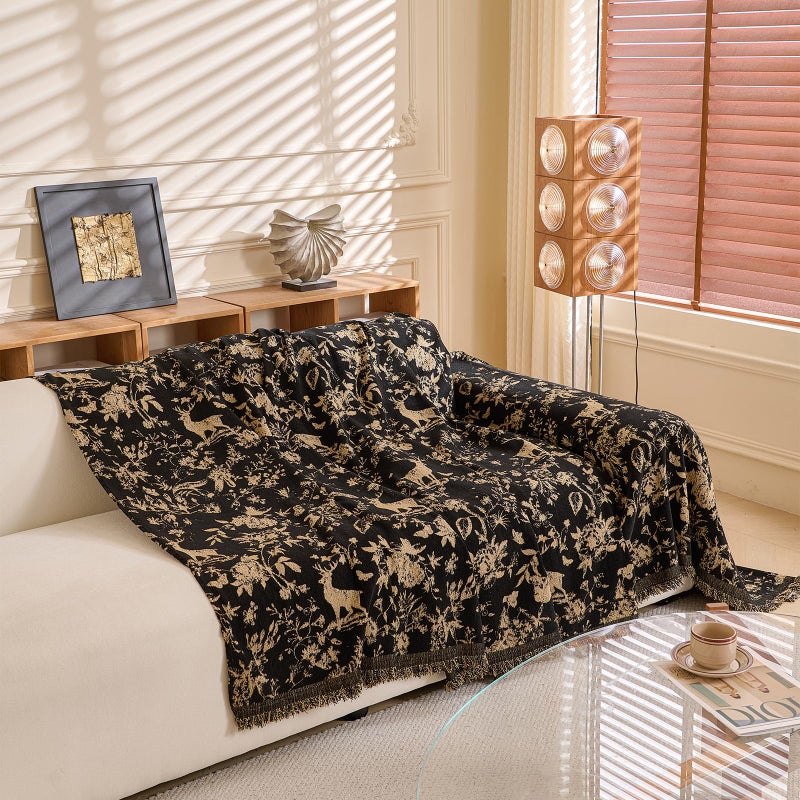 DREAMINGO Black Vintage Couch Cover Botanical Deer Jacquard Sofa Covers for 2 Cushion Couch Washable Chenille Furniture Protector Throw Slipcovers for Loveseat Sectional, Large 71"x118" - Image 3