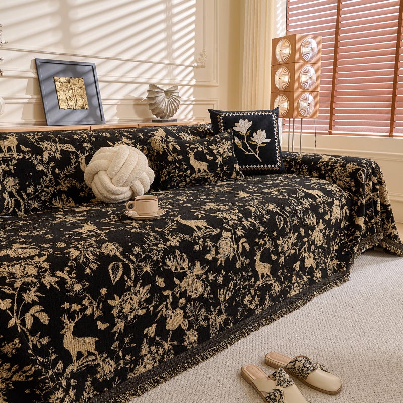 DREAMINGO Black Vintage Couch Cover Botanical Deer Jacquard Sofa Covers for 2 Cushion Couch Washable Chenille Furniture Protector Throw Slipcovers for Loveseat Sectional, Large 71"x118" - Image 2