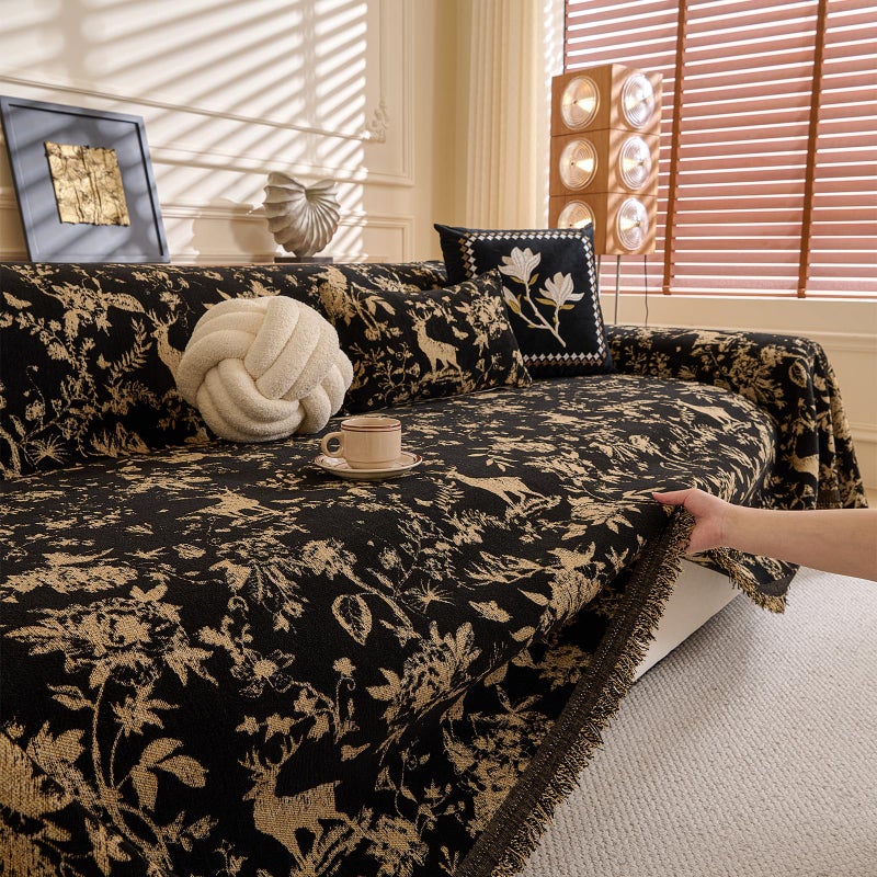 DREAMINGO Black Vintage Couch Cover Botanical Deer Jacquard Sofa Covers for 2 Cushion Couch Washable Chenille Furniture Protector Throw Slipcovers for Loveseat Sectional, Large 71"x118" - Image 4