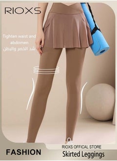 RIOXS Women's Skirted Leggings Pleated Skirt Yoga Tights Athletic High Waist Tummy Control Pants for Workout Running Yoga  - Image 1