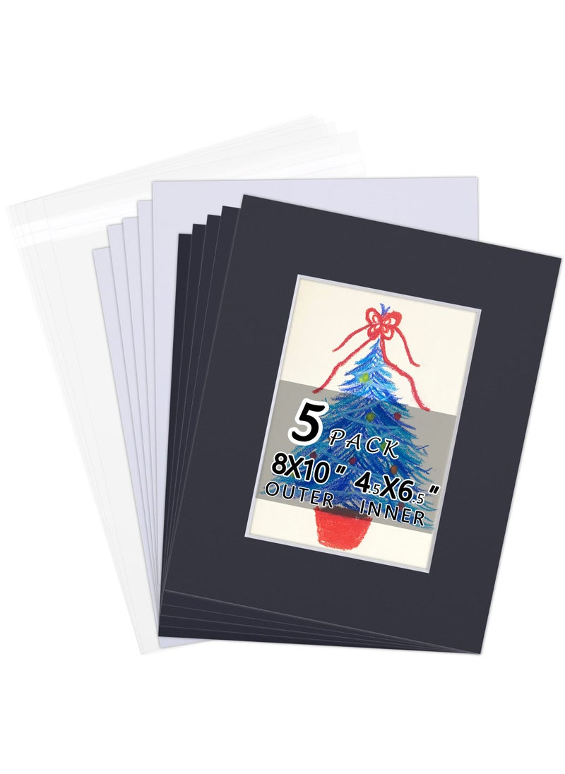 Falling In art AcidFree 5 Pack 8x10 PreCut Mat Board Show Kit for 5x7 Photos Prints or Artworks 5 Core Bevel Cut Matts and 5 Backing Boards and 5 Crystal Plastic Bags Black 