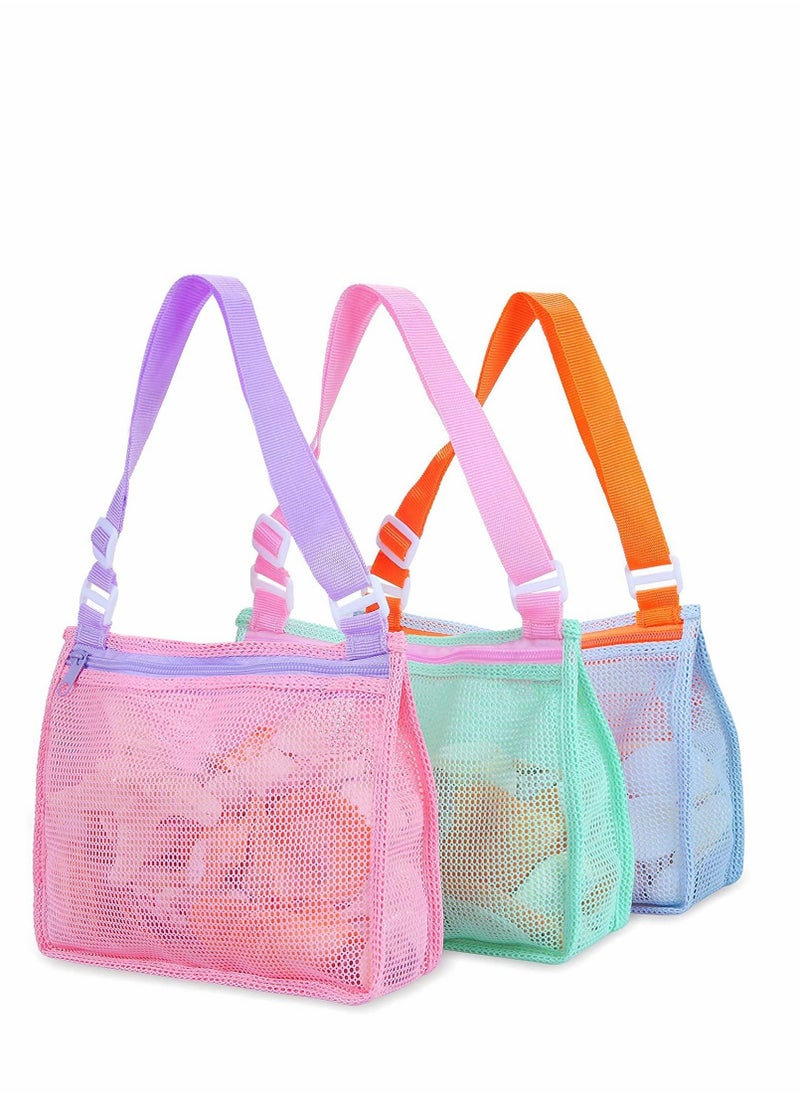 Excefore Beach Toy Mesh Bag, Adjustable Kids Shell Collecting Bag Beach Sand Toy Totes for Holding Shells Beach Toys Sand Toys Swimming Accessories for Boys and Girls, Only Bags, 3 Pcs  - Image 1
