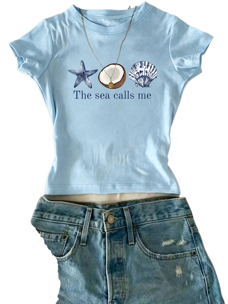 European And American Fashion One - Piece Creative Design Girly Women'S T - Shirt with Starfish, Coconut, And Shell Patterns + The Text \ - Blue / XXS - Image 1
