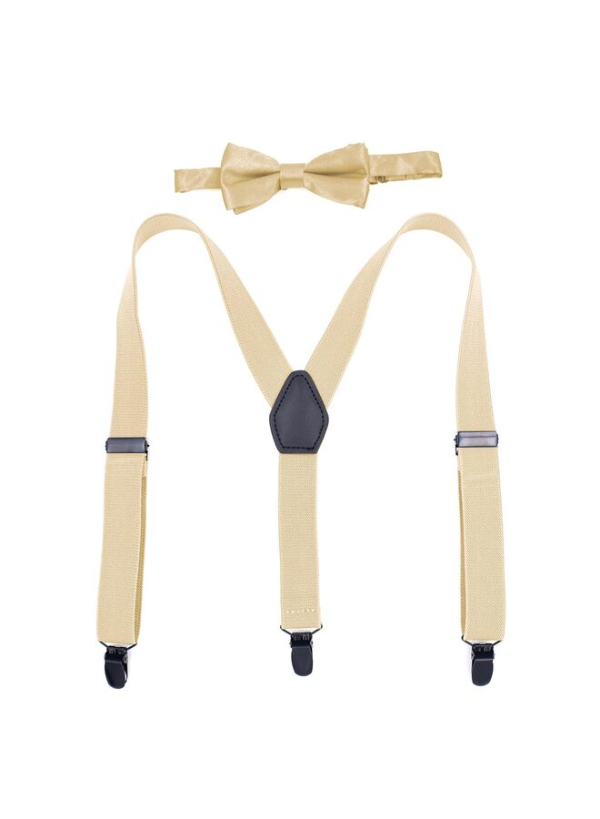 Solid Pre-tied Tie and Suspenders Set for Boys and Youths Events Parties Wedding Cotton and Linen TAN, One Size - Image 1