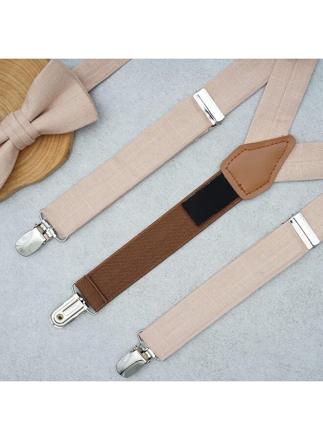 Solid Pre-tied Tie and Suspenders Set for Boys and Youths Events Parties Wedding Cotton and Linen TAN, One Size - Image 2