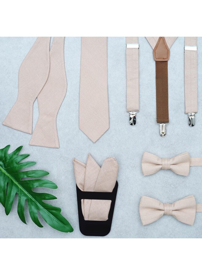 Solid Pre-tied Tie and Suspenders Set for Boys and Youths Events Parties Wedding Cotton and Linen TAN, One Size - Image 3