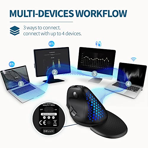 DELUX ماوس عمودي مريح لاسلكي DeLUX Seeker مع شاشة OLED، جهاز استقبال BT و USB، يتصل بما يصل إلى 4 أجهزة، عجلة إبهام، 4000DPI، ماوس صامت قابل للبرمجة وإعادة الشحن (M618XSD-أسود) - Image 4