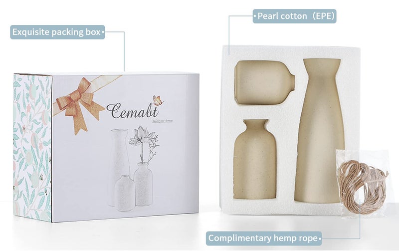 CEMABT Beige Ceramic vase Set-3 Small Flower vases for Decor,Modern Boho Farmhouse Home Decor,Decorative vase for Pampas Grass&Dried Flowers,idea Shelf,Table,Bookshelf ï¼ŒEntryway- Distressed - Image 4