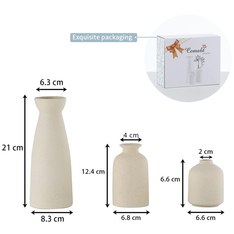 CEMABT Beige Ceramic vase Set-3 Small Flower vases for Decor,Modern Boho Farmhouse Home Decor,Decorative vase for Pampas Grass&Dried Flowers,idea Shelf,Table,Bookshelf ï¼ŒEntryway- Distressed - Image 3