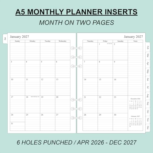 newestor 2026-2027 Monthly Planner Refills for A5 6-Ring Binder, Two Pages Per Month, Apr 2026 to Dec 2027, A5 Size, 6-Hole Punched - Image 3