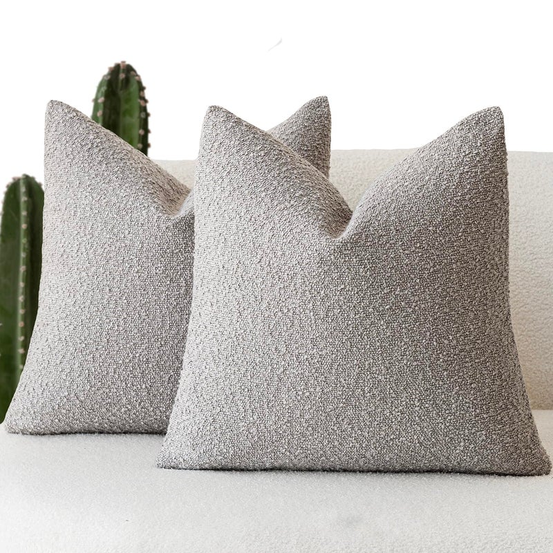 Foindtower Pack of 2, Decorative Textured Boucle Throw Pillow Covers Accent Solid Pillow Cases Cozy Soft Couch Cushion Case for Chair Sofa Bedroom Living Room Home Decor 22 x 22 Inch Neutral Grey - Image 1