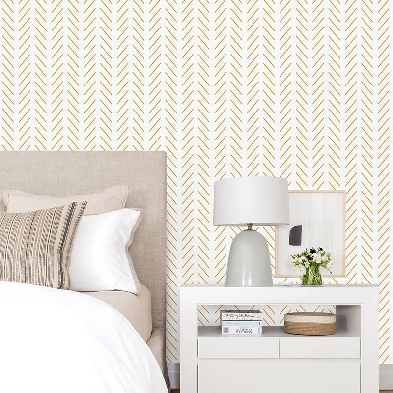 Erfoni Yellow and White Peel and Stick Wallpaper Modern Herringbone Wallpaper Bathroom 17.7inch x 118.1inch Geometric Removable Contact Paper Peel and Stick Self Adhesive Cabinet Wall Paper Waterproof - Image 2