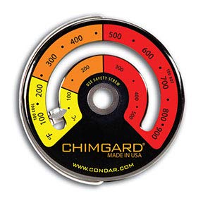 Condar EXCITING EASY TO READ GRAPHICS. ChimGard® Energy Meter (3-4) Woodstove Thermometer. Durable genuine porcelain enamel with yellow, orange and red zones clearly indicated on black case. - Image 2