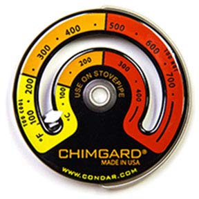 Condar EXCITING EASY TO READ GRAPHICS. ChimGard® Energy Meter (3-4) Woodstove Thermometer. Durable genuine porcelain enamel with yellow, orange and red zones clearly indicated on black case. - Image 3