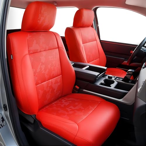 Carlimeki Leather Seat Covers Custom Fit for Tundra 2026 2025 2024 2023 2022 CrewMax SR, SR5, Limited, Platinum, 1794 Edition, TRD Pro, Capstone - Premium Faux Leather Fully Covered - Camo Red - Image 1
