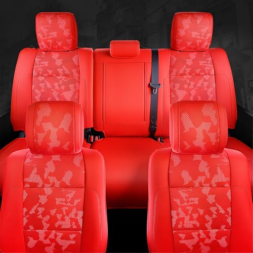 Carlimeki Leather Seat Covers Custom Fit for Tundra 2026 2025 2024 2023 2022 CrewMax SR, SR5, Limited, Platinum, 1794 Edition, TRD Pro, Capstone - Premium Faux Leather Fully Covered - Camo Red - Image 4