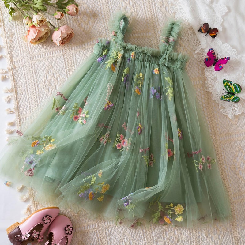 Nileafes Baby Girl Casual Tutu Dress Strap Tulle Flower Butterflies Embroidery Princess Dresses Size 100 (2-3 Years, 107-Green) - Image 2
