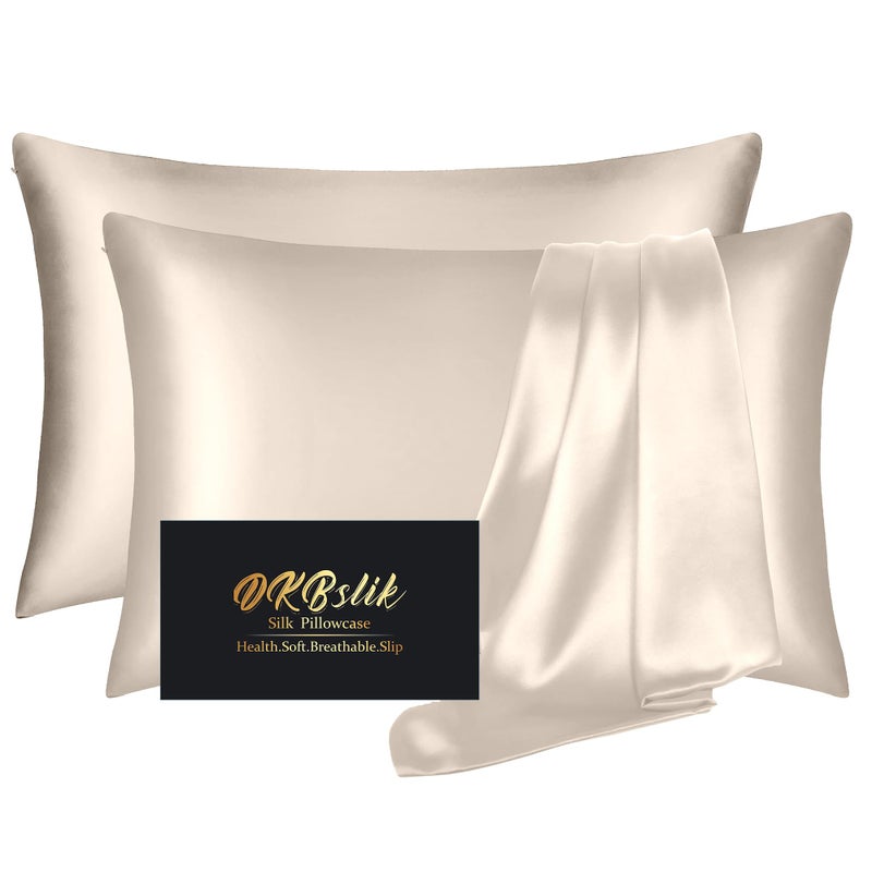 Silk Pillow Cases 2 Pack Mulberry Silk Pillowcases Standard Set of 2 Health Smooth Anti Acne Beauty Sleep Both Sides Natural Silk Satin Pillow Cases for Women 2 Pack with Zipper for Gift Beige