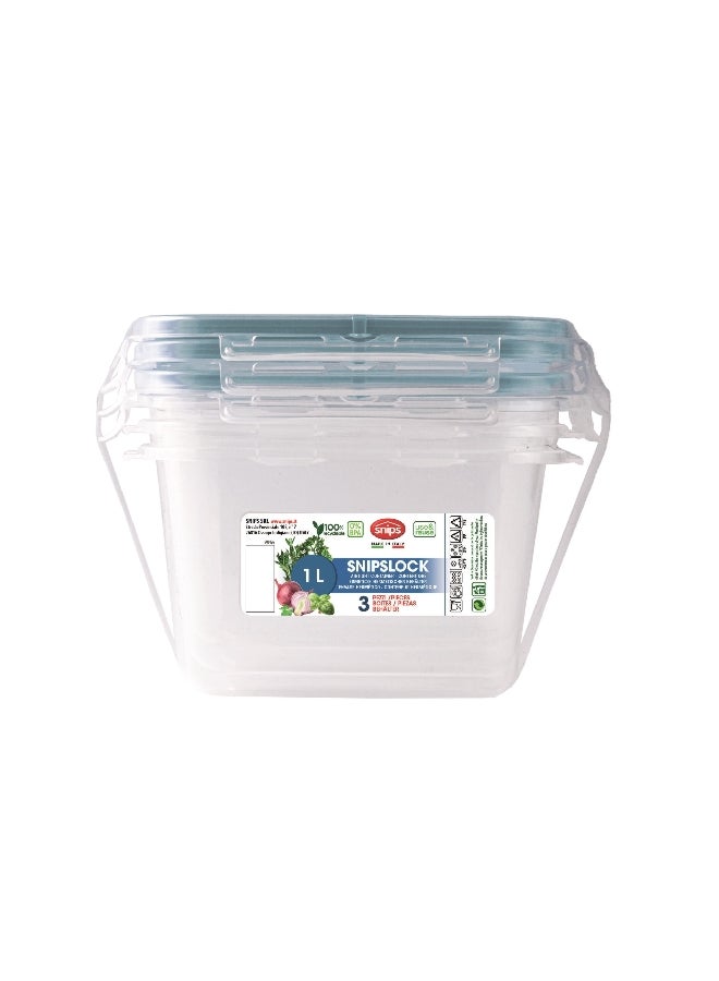 Snips 3-Piece Plastic Square Food Container Set Clear and Blue 1 Liter 000868 - Image 4