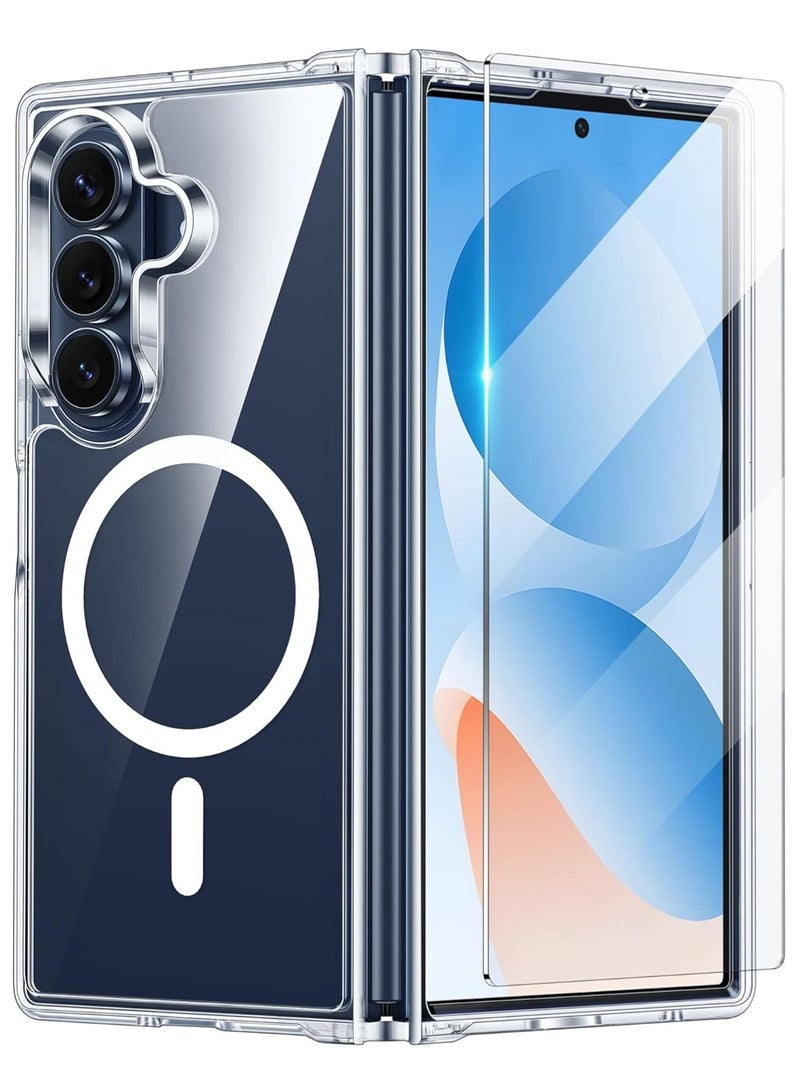 Magnetic for Samsung Galaxy Z Fold 7 Case, Come with HD Tempered Glass Screen Protector, Anti Yellowing, Hard PC Back Soft Edge Cover, Transparent - Image 1