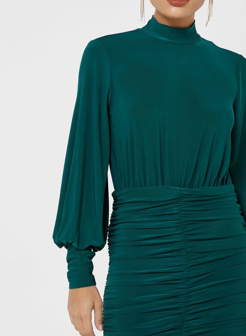 John Zack Ruched Longsleeve Dress