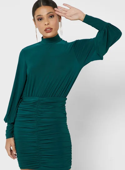 John Zack Ruched Longsleeve Dress