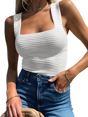 BZB Tank Tops for Women Casual Summer 2025 White Square Neck Sleeveless Fitted Tops Shirts Sexy Tops for Women - Image 5
