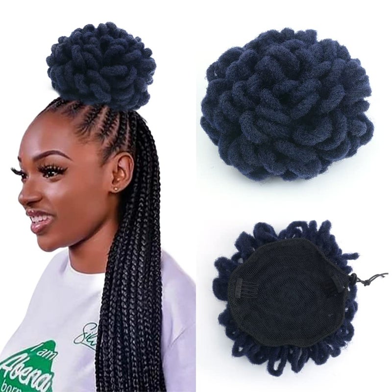 Blue Locs Ponytail Drawstring Buns Curly Loc Petal Bun Dreadlock Ponytail Braided Faux Locs Bun Clip in on Braids Ponytails Hairpieces for Black WomenBlue