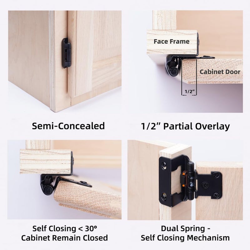 DecoBasics 50 Pack 1/2" Overlay Black Cabinet Hinges for Cabint Doors (25 Pairs) â€“ Self-Closing Partial Wrap Semi-Concealed Face Frame Hinge for Cupboard & Kitchen Doors w/Screws & Quiet Bumpers - Image 5