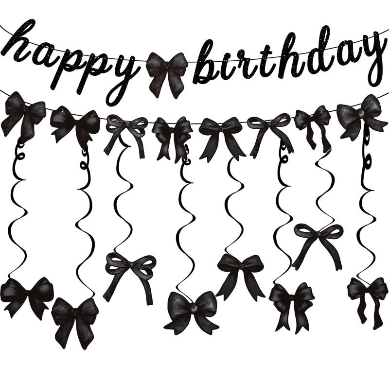 Haptda Black Bow Happy Birthday Banner Garland and Hanging Swirls for Girl Black Bow Coquette Birthday Party Decorations - Image 1