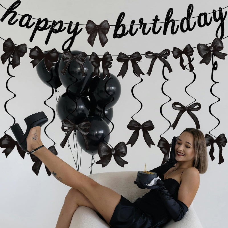 Haptda Black Bow Happy Birthday Banner Garland and Hanging Swirls for Girl Black Bow Coquette Birthday Party Decorations - Image 2