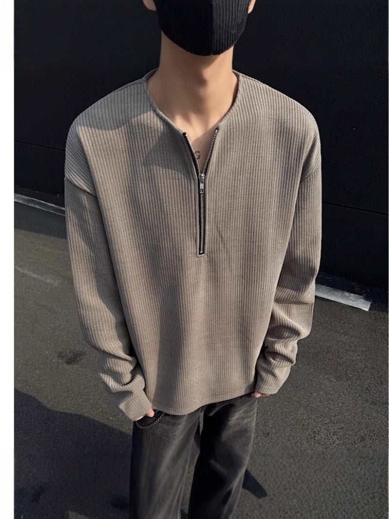 Solid Color Pit Strip Half Zipper Sweater Men'S New Base Shirt Round Neck Loose Retro Simple Long-Sleeved T-Shirt - Image 3