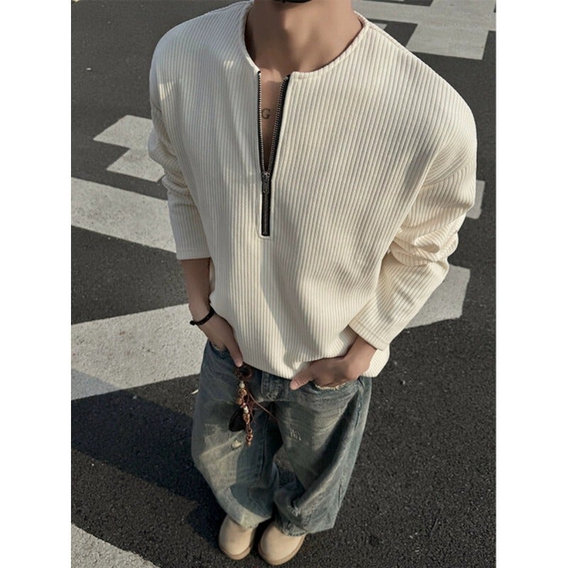 Solid Color Pit Strip Half Zipper Sweater Men'S New Base Shirt Round Neck Loose Retro Simple Long-Sleeved T-Shirt - Image 1