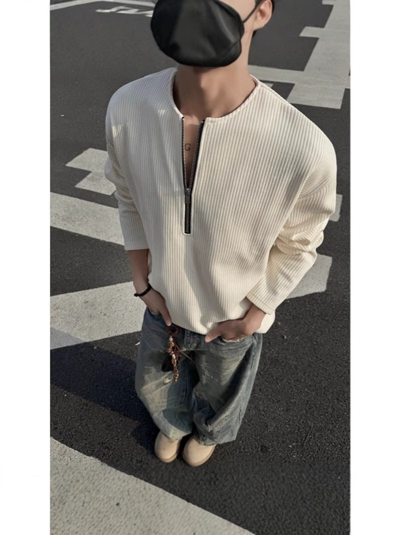Solid Color Pit Strip Half Zipper Sweater Men'S New Base Shirt Round Neck Loose Retro Simple Long-Sleeved T-Shirt - Image 2