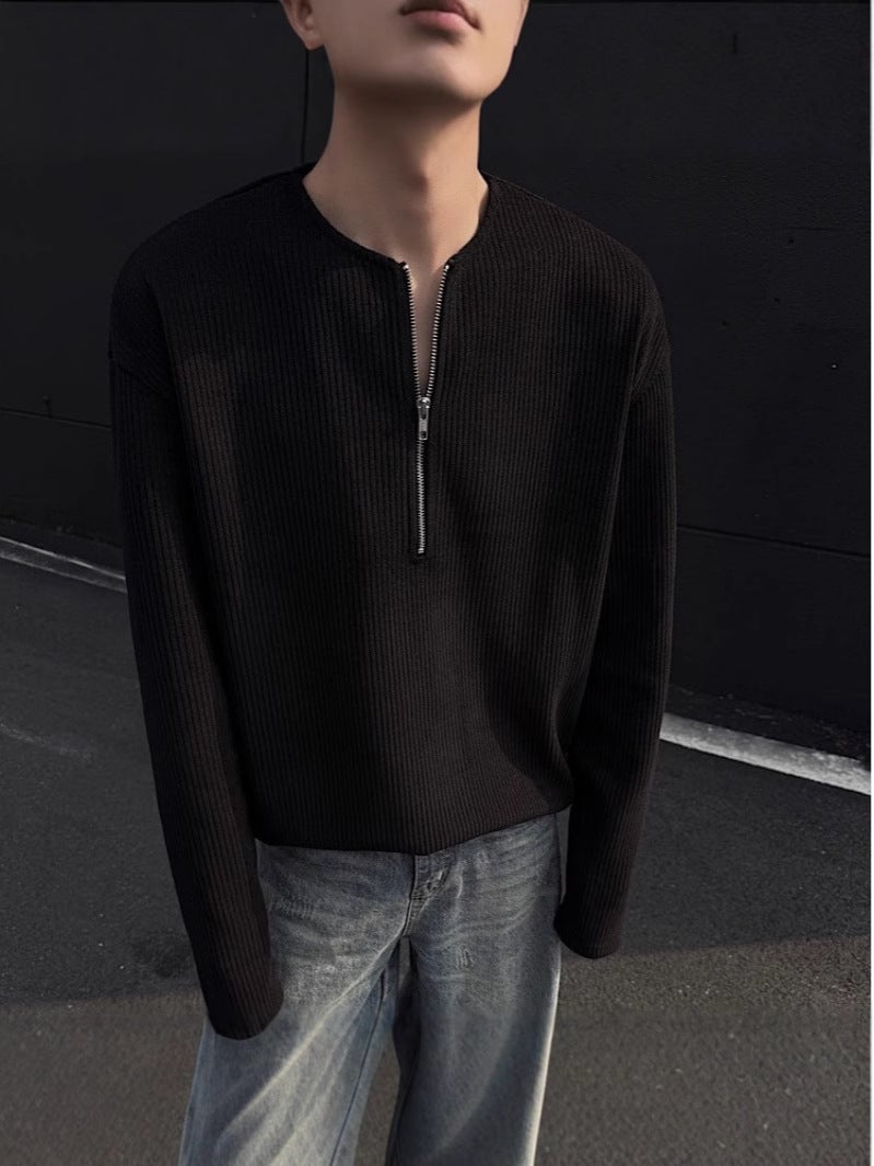 Solid Color Pit Strip Half Zipper Sweater Men'S New Base Shirt Round Neck Loose Retro Simple Long-Sleeved T-Shirt - Image 5