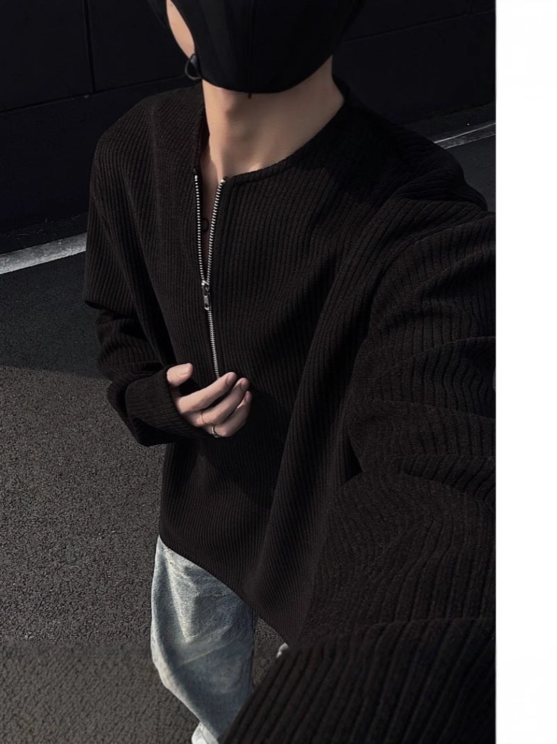 Solid Color Pit Strip Half Zipper Sweater Men'S New Base Shirt Round Neck Loose Retro Simple Long-Sleeved T-Shirt - Image 4
