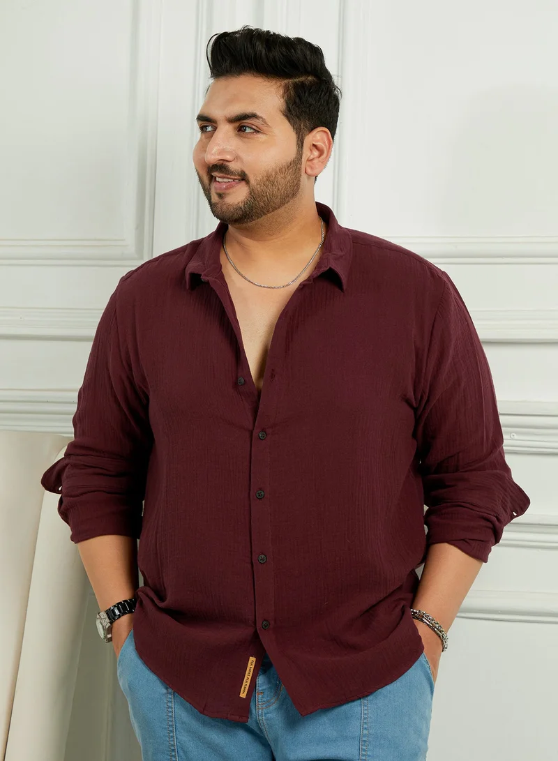Instafab Plus Instafab Plus Men's Wine Red Breezy-Weave Shirt For Casual Wear | Spread Collar | Long Cuffed Sleeves | Button Closure | Plus Size Shirt Crafted With Comfort Fit For Everyday Wear