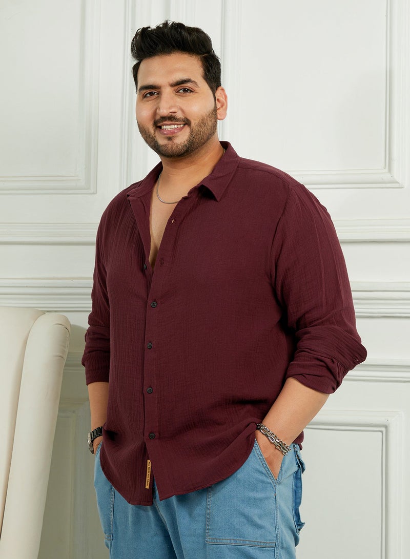 Instafab Plus Men's Wine Red Breezy-Weave Shirt For Casual Wear | Spread Collar | Long Cuffed Sleeves | Button Closure | Plus Size Shirt Crafted With Comfort Fit For Everyday Wear - Image 3