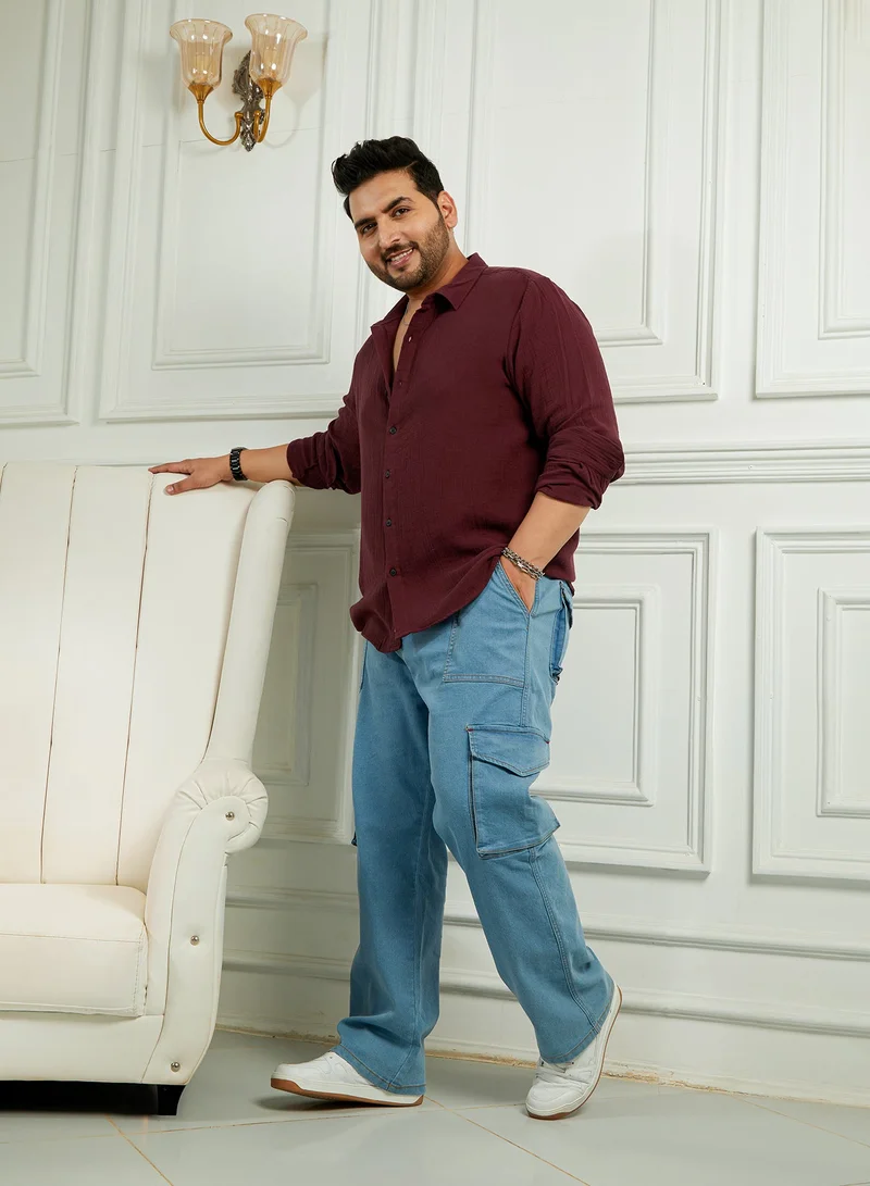 Instafab Plus  Instafab Plus Men's Wine Red Breezy-Weave Shirt For Casual Wear | Spread Collar | Long Cuffed Sleeves | Button Closure | Plus Size Shirt Crafted With Comfort Fit For Everyday Wear for Men | Best Price UAE