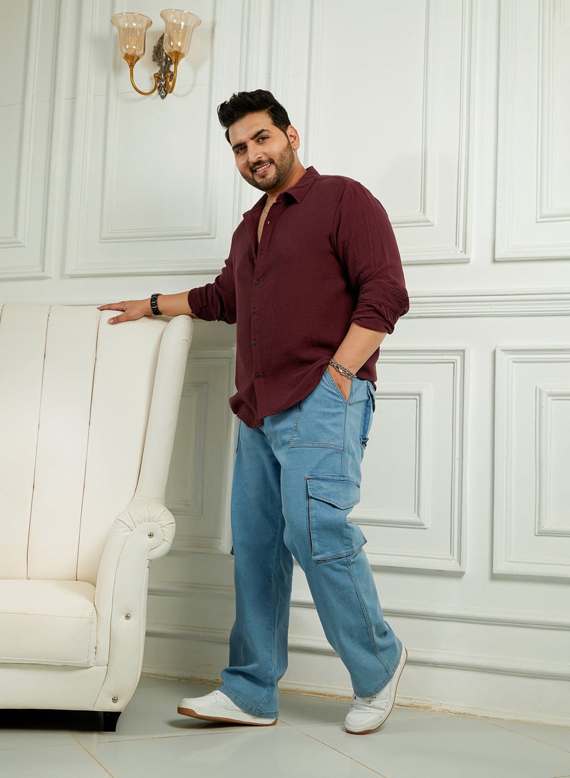 Instafab Plus Men's Wine Red Breezy-Weave Shirt For Casual Wear | Spread Collar | Long Cuffed Sleeves | Button Closure | Plus Size Shirt Crafted With Comfort Fit For Everyday Wear - Image 5