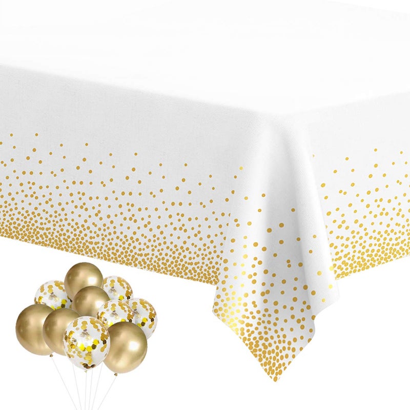 HOMIX Plastic Tablecloths for Rectangle Tables 6 Pack Disposable Party Table Cloths Gold Dot Confetti Table Covers with 30 Balloons for Birthday Parties Wedding Anniversary Baby Shower 54 x 108