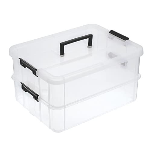 BTSKY 2 Layer Stack Carry Box Plastic Multipurpose Portable Storage Container Box Handled Organizer Storage Box for Organizing Stationery Sewing Art Craft Jewelry and Beauty Supplies Black - Image 1