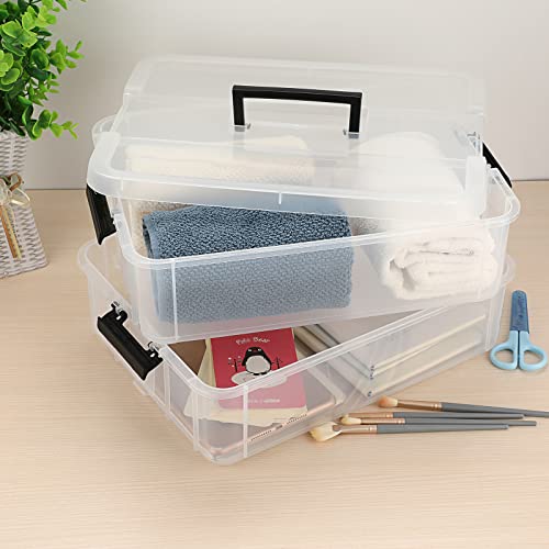 BTSKY 2 Layer Stack Carry Box Plastic Multipurpose Portable Storage Container Box Handled Organizer Storage Box for Organizing Stationery Sewing Art Craft Jewelry and Beauty Supplies Black - Image 3