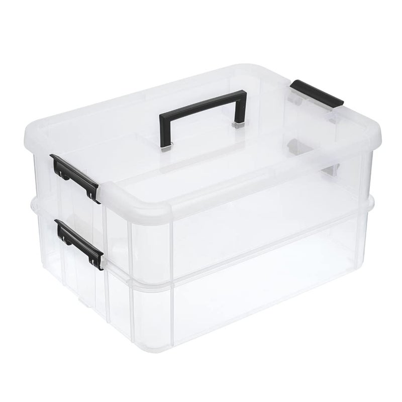 BTSKY 2 Layer Stack Carry Box Plastic Multipurpose Portable Storage Container Box Handled Organizer Storage Box for Organizing Stationery Sewing Art Craft Jewelry and Beauty Supplies Black - Image 2