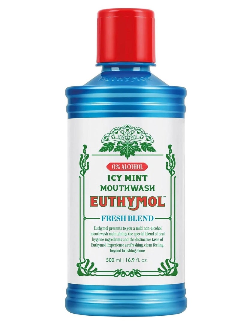 Euthymol Mouthwash ICY Mint 500ml, Contains Flouride, Alcohol-Free, Distinctive Strong Taste Flavour, Reduce Plaque Gingival Clean Healty Teeth Gums, Freshens Breath Refreshing Daily Oral Dental Care - Image 1